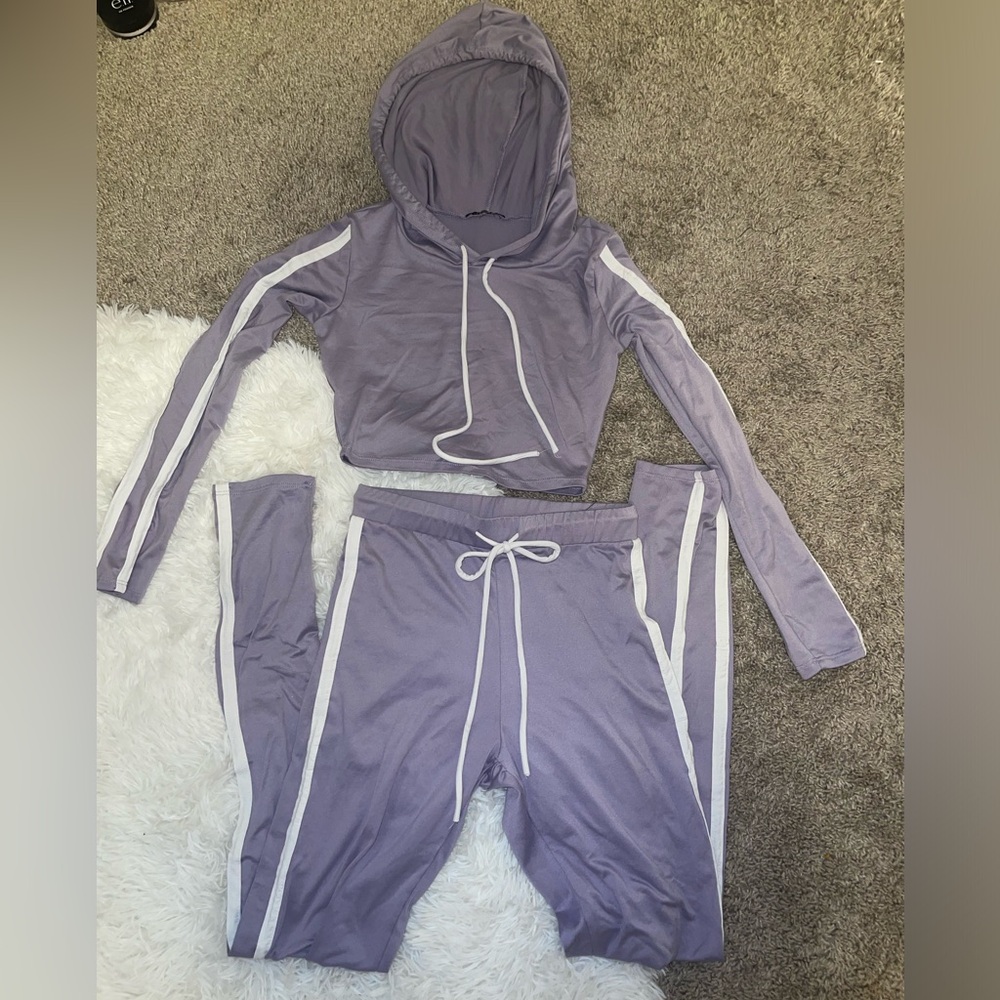 Purple Hoodie and Jogger Set with White Stripes